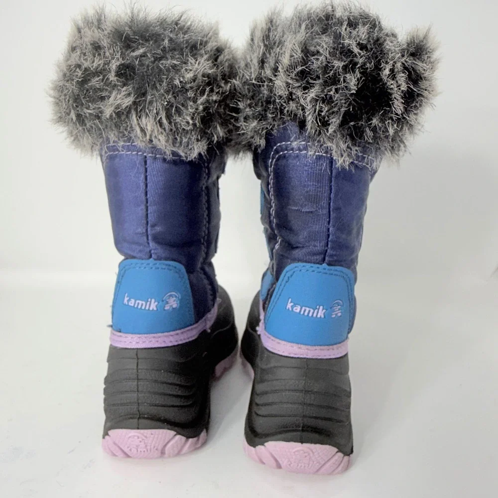 Kamik Kids Navy Blue Faux Fur Trim Waterproof Winter Snow Boots Bungee Toggle